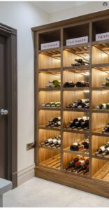 Custom walnut wine rack with integrated lighting and antique mirrored back panels, showcasing wine storage in a hallway.